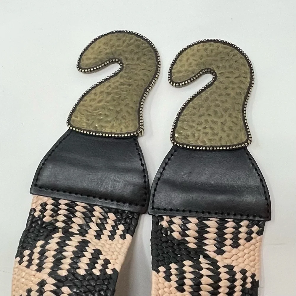 Vintage Wearable Art Boho Brass, Black‎ & Cream Woven & Leather Statement Belt